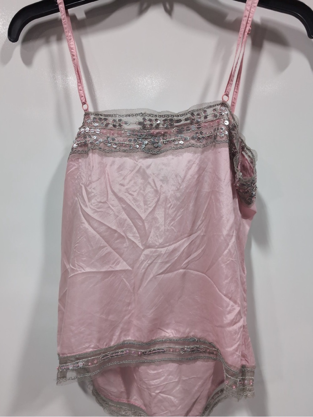 Vintage GUESS Authentic Y2K Pink Satin Silver Beaded Lace Camisole